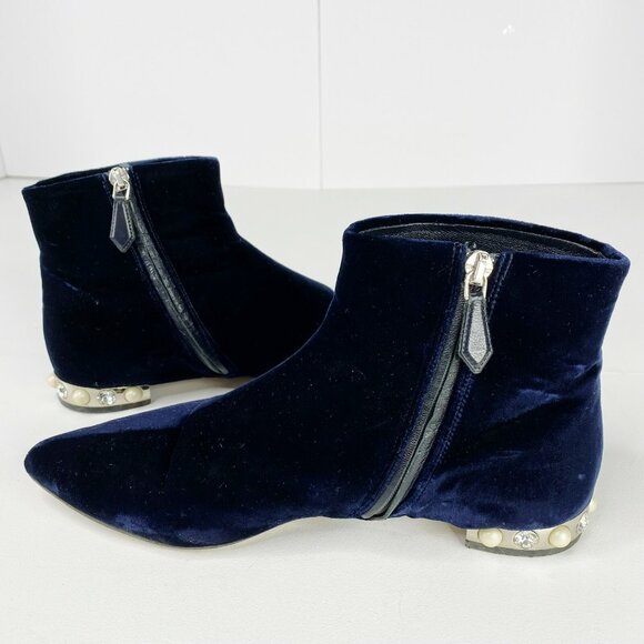 Miu Miu Ankle Boots Size 37.5 US 7.5 Booties Shoes Blue Velvet Embellished Heel - Picture 6 of 15